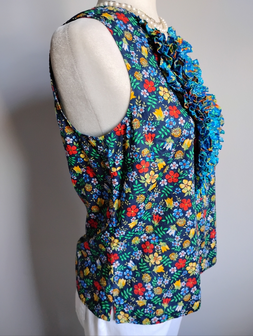 J. Crew Liberty Art Fabric Edenham Ruffle Blouse Navy Blue Floral Colorful Sz 4 - Picture 7 of 15